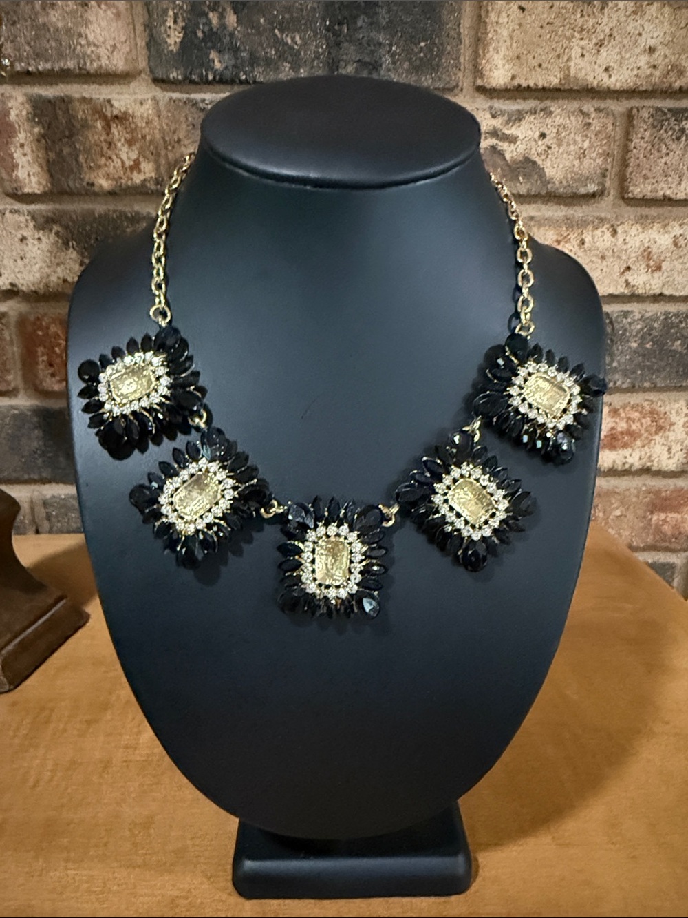 Black and Clear rhinestone Geometric gold tone Statement Necklace